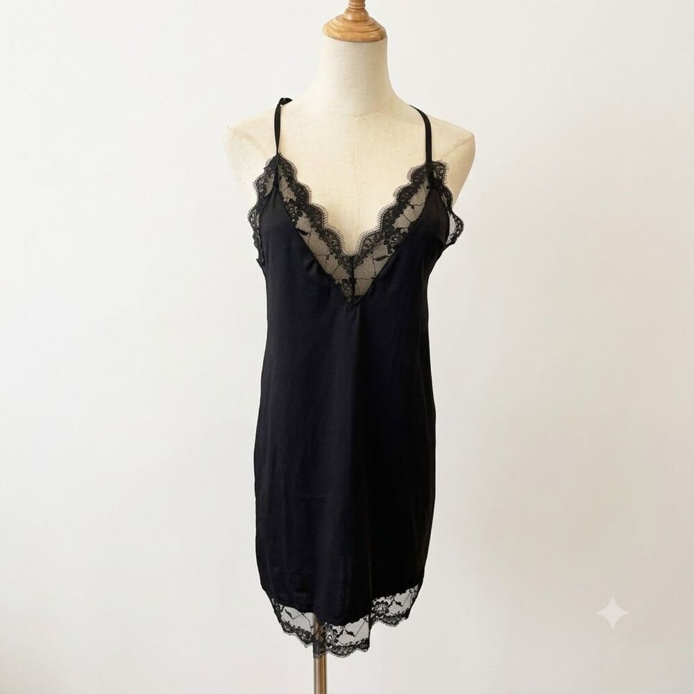 Mapale Black Lace Nightie Chemise Racerback Short Small Satin Side Lace Panels